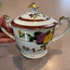 Vintage Floral Porcelain Sugar Bowl with Lid and Gold Trim